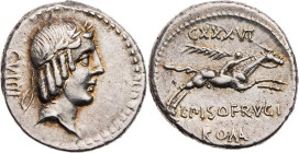 RÖMISCHE REPUBLIK
L. Calpurnius Piso Frugi, 90 v. Chr. AR-Denar Rom Vs.: Kopf des Apollo mit Lorbeerkranz n. r., dahinter Kontrollzeichen CVIIII, Rs....