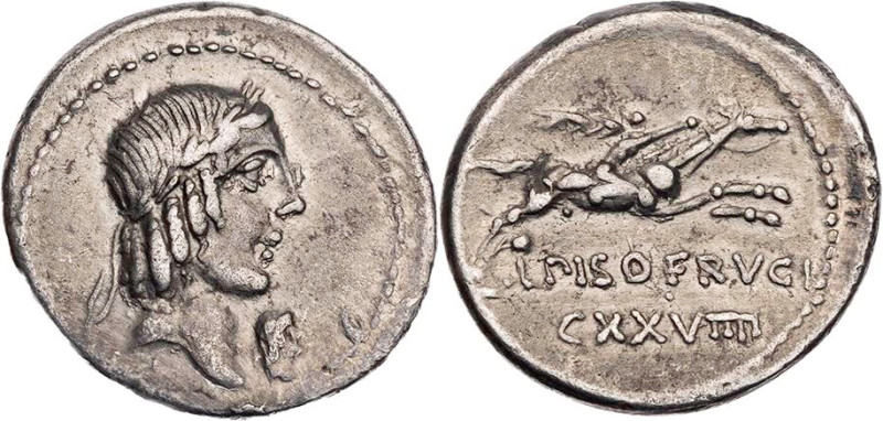 RÖMISCHE REPUBLIK
L. Calpurnius Piso Frugi, 90 v. Chr. AR-Denar Rom Vs.: Kopf d...