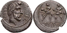 RÖMISCHE REPUBLIK
L. Titurius L. f. Sabinus, 89 v. Chr. AR-Denar Rom Vs.: SABIN, Kopf des Titus Tatius n. r., davor Monogramm aus TA, Rs.: zwei römis...