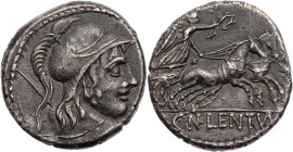 RÖMISCHE REPUBLIK
Cn. Cornelius Lentulus Clodianus, 88 v. Chr. AR-Denar Rom Vs.: Büste des Mars mit Helm und Schwertgurt von hinten gesehen n. r., Rs...