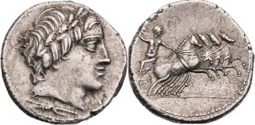RÖMISCHE REPUBLIK
C. Gargonius, M. Vergilius, Ogulnius, 86 v. Chr. AR-Denar Rom Vs.: Kopf des Apollo-Veiovis mit Lorbeerkranz n. r., darunter Blitzbü...
