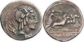 RÖMISCHE REPUBLIK
L. Iulius Bursio, 85 v. Chr. AR-Denar Rom Vs.: drapierte Büste einer pantheistischen Gottheit mit Lorbeerkranz (Apollo) und Flügeln...