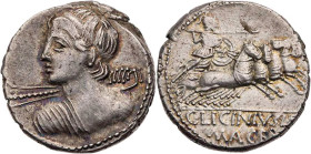 RÖMISCHE REPUBLIK
C. Licinius L. f. Macer, 84 v. Chr. AR-Denar Rom Vs.: Büste des Veiovis mit Blitzbündel in Rückansicht n. l., Rs.: Minerva mit Schi...