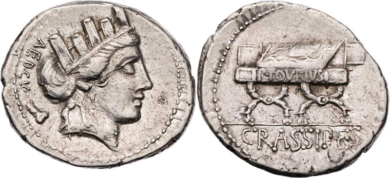 RÖMISCHE REPUBLIK
P. Furius Crassipes, 84 v. Chr. AR-Denar Rom Vs.: AED·CVR, Ko...