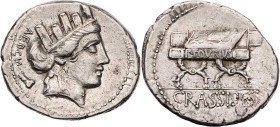 RÖMISCHE REPUBLIK
P. Furius Crassipes, 84 v. Chr. AR-Denar Rom Vs.: AED·CVR, Kopf der Cybele mit Mauerkrone n. r., links Klumpfuß ("Crassipes"), Rs.:...