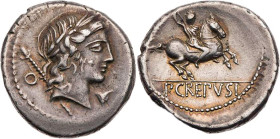 RÖMISCHE REPUBLIK
P. Crepusius, 82 v. Chr. AR-Denar Rom Vs.: Kopf des Apollo mit Lorbeerkranz n. r., dahinter Szepter und Kontrollzeichen O, unter de...
