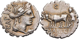RÖMISCHE REPUBLIK
C. Marius C. f. Capito, 81 v. Chr. AR-Denar (Serratus) Rom Vs.: Kopf der Ceres mit Ährenkranz n. r., dahinter CAPIT·C, unter dem Ki...