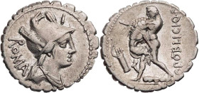 RÖMISCHE REPUBLIK
C. Poblicius Q. f., 80 v. Chr. AR-Denar (Serratus) Rom Vs.: ROMA, drapierte Büste der Roma mit Helm n. r., oben Kontrollzeichen I, ...