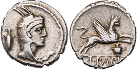 RÖMISCHE REPUBLIK
L. Papius, 79 v. Chr. AR-Denar (Serratus) Rom Vs.: Kopf der Iuno Sospita mit Ziegenfell n. r., dahinter Spitzamphora, Rs.: Greif sp...