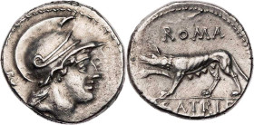 RÖMISCHE REPUBLIK
P. Satrienus, 77 v. Chr. AR-Denar Rom Vs.: Kopf der Roma mit Helm n. r., dahinter Kontrollzeichen, Rs.: ROMA, Wölfin schreitet n. l...