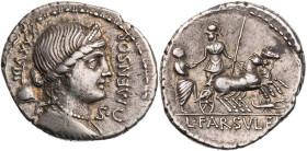 RÖMISCHE REPUBLIK
L. Farsuleius Mensor, 76 v. Chr. AR-Denar Rom Vs.: MENSOR, drapierte Büste der Libertas mit Diadem n. r., dahinter Pileus und Kontr...