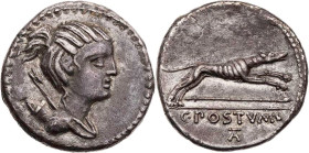 RÖMISCHE REPUBLIK
A. Postumius, 74 v. Chr. AR-Denar Rom Vs.: drapierte Büste der Diana mit Köcher und Bogen über der Schulter n. r., Rs.: Jagdhund lä...