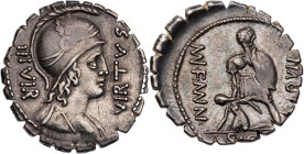 RÖMISCHE REPUBLIK
Mn. Aquillius, 71 v. Chr. AR-Denar (Serratus) Rom Vs.: III VIR - VIRTVS, drapierte Büste der Virtus mit Helm n. r., Rs.: [MN] AQVIL...