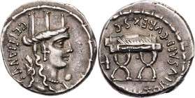 RÖMISCHE REPUBLIK
M. Plaetorius M. f. Cestianus, 67 (oder 57) v. Chr. AR-Denar Rom Vs.: CESTIANVS, drapierte Büste der Cybele mit Mauerkrone n. r., r...