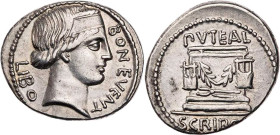 RÖMISCHE REPUBLIK
L. Scribonius Libo, 62 v. Chr. AR-Denar Rom Vs.: BON·EVENT - LIBO, Kopf des Bonus Eventus mit Taenie n. r., Rs.: PVTEAL / SCRIBO[N]...
