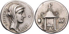 RÖMISCHE REPUBLIK
Q. Cassius Longinus, 55 v. Chr. AR-Denar Rom Vs.: Q·CASSIVS - VEST, Kopf der Vesta mit Schleier n. r., Rs.: Rundtempel der Vesta, d...