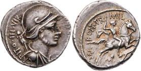 RÖMISCHE REPUBLIK
P. Fonteius Capito, 55 v. Chr. AR-Denar Rom Vs.: [P·F]ONTE[IVS·P·F] CAPITO·III·VIR, Büste des Mars mit Helm n. r., dahinter Tropaeu...