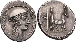 RÖMISCHE REPUBLIK
Cn. Plancius, 55 v. Chr. AR-Denar Rom Vs.: CN·PLANCIVS - AED·CVR·S·C, Kopf der Diana Planciana (oder der Macedonia?) mit Kausia n. ...