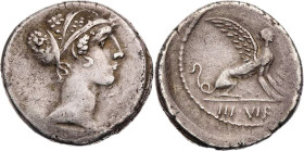 RÖMISCHE REPUBLIK
T. Carisius, 46 v. Chr. AR-Denar Rom Vs.: Kopf der Sibylle Herophile mit Ampyx n. r., Rs.: [T·CARIS]IVS, Sphinx hockt n. r., im Abs...