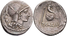 RÖMISCHE REPUBLIK
T. Carisius, 46 v. Chr. AR-Denar Rom Vs.: ROMA, Kopf der Roma mit Helm n. r., Rs.: Szepter, Füllhorn auf Globus und Ruder, unten T·...