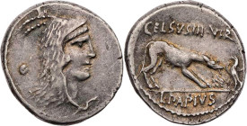 RÖMISCHE REPUBLIK
L. Papius Celsus, 45 v. Chr. AR-Denar Rom Vs.: Kopf der Iuno Sospita mit Ziegenfell n. r., Rs.: CELSVS III·VIR, Wölfin legt Holz au...
