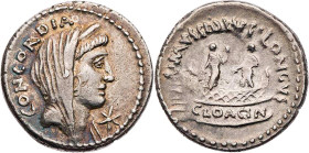 RÖMISCHE REPUBLIK
L. Mussidius Longus, 42 v. Chr. AR-Denar Rom Vs.: CONCORDIA, verschleierter Kopf der Concordia mit Diadem n. r., unter dem Kinn Ste...