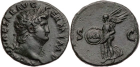 RÖMISCHE KAISERZEIT
Nero, 54-68 n. Chr. AE-As 65 n. Chr. Rom Vs.: NERO CAESAR AVG GERM IMP, Kopf mit Lorbeerkranz n. r., Rs.: Victoria landet mit SPQ...