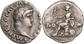 RÖMISCHE KAISERZEIT
Nero, 54-68 n. Chr. AR-Denar 67-68 n. Chr. Rom Vs.: IMP NERO CAESAR AVG P P, Kopf mit Lorbeerkranz n. r., Rs.: RO-M[A], Roma sitz...