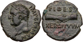 RÖMISCHE KAISERZEIT
Vitellius, 69 n. Chr. AE-As Januar-Juni 69 n. Chr. spanische Münzstätte (Tarraco?) Vs.: A [VITELLIVS] IMP GERMAN, Kopf mit Lorbee...