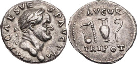 RÖMISCHE KAISERZEIT
Vespasianus, 69-79 n. Chr. AR-Denar Juli-Dezember 71 n. Chr. Rom Vs.: IMP CAES VE-SP AVG P M, Kopf mit Lorbeerkranz n. r., Rs.: A...