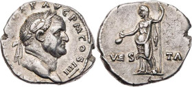 RÖMISCHE KAISERZEIT
Vespasianus, 69-79 n. Chr. AR-Denar 72/73 n. Chr. Rom Vs.: IMP CAE[S V]ESP AVG P M COS IIII, Kopf mit Lorbeerkranz n. r., Rs.: VE...