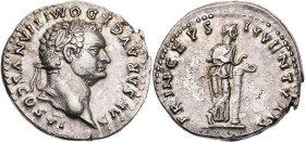 RÖMISCHE KAISERZEIT
Domitianus Caesar, geprägt unter Vespasianus, 69-79 n. Chr. AR-Denar 79 n. Chr. Rom Vs.: CAESAR AVG F DOMITIANVS COS VI, Kopf mit...