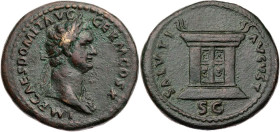RÖMISCHE KAISERZEIT
Domitianus, 81-96 n. Chr. AE-As 84 n. Chr. Rom Vs.: IMP CAES DOMIT AVG GERM COS X, Kopf mit Ägis und Lorbeerkranz n. r., Rs.: SAL...