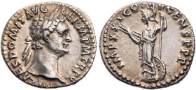 RÖMISCHE KAISERZEIT
Domitianus, 81-96 n. Chr. AR-Denar 90/91 n. Chr. Rom Vs.: IMP CAES DOMIT AVG GERM P M TR P X, Kopf mit Lorbeerkranz n. r., Rs.: I...