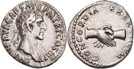 RÖMISCHE KAISERZEIT
Nerva, 96-98 n. Chr. AR-Denar 97 n. Chr. Rom Vs.: IMP NERVA CAES AVG P M TR P COS III P P, Kopf mit Lorbeerkranz n. r., Rs.: CONC...