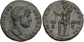 RÖMISCHE KAISERZEIT
Hadrianus, 117-138 n. Chr. AE-Sesterz 124-125 n. Chr. Rom Vs.: HADRIANVS AVGVSTVS, Kopf mit drapierter linker Schulter und Lorbee...