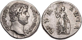 RÖMISCHE KAISERZEIT
Hadrianus, 117-138 n. Chr. AR-Denar 130-133 n. Chr. Rom Vs.: HADRIANVS AVG COS III P P, Kopf n. r., Rs.: GERM-ANIA, Germania steh...
