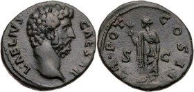 RÖMISCHE KAISERZEIT
Aelius Caesar, 136-138 n. Chr. AE-As 137 n. Chr. Rom Vs.: L AELIVS CAESAR, Kopf n. r., Rs.: TR·POT COS II, Spes schreitet mit Blü...