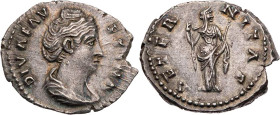 RÖMISCHE KAISERZEIT
Diva Faustina I., gest. 141 n. Chr. AR-Denar nach 141 n. Chr. Rom Vs.: DIVA FAV-STINA, drapierte Büste n. r., Rs.: AETER-NITAS, A...