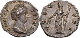 RÖMISCHE KAISERZEIT
Diva Faustina I., gest. 141 n. Chr. AR-Denar nach 141 n. Chr. Rom Vs.: DIVA FAV-STINA, drapierte Büste n. r., Rs.: AVGV-STA, Cere...
