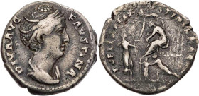RÖMISCHE KAISERZEIT
Diva Faustina I., gest. 141 n. Chr. AR-Denar 141 n. Chr. Rom Vs.: DIVA AVG FAVSTINA, drapierte Büste n. r., Rs.: PVELLAE FAV-STIN...