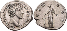 RÖMISCHE KAISERZEIT
Marcus Aurelius Caesar, 139-161 n. Chr. AR-Denar 140-144 n. Chr. Rom Vs.: AVRELIVS CAESAR AVG PII F COS, Kopf n. r., Rs.: IVVEN-T...