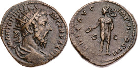 RÖMISCHE KAISERZEIT
Marcus Aurelius, 161-180 n. Chr. AE-Dupondius 173 n. Chr. Rom Vs.: M ANTONINVS AVG TR P XXVII, gepanzerte und drapierte Büste mit...