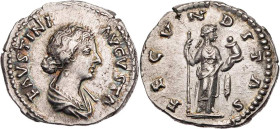 RÖMISCHE KAISERZEIT
Faustina II., Gemahlin des Marcus Aurelius, Augusta, 145-175/6 n. Chr. AR-Denar 161-164 n. Chr. Rom Vs.: FAVSTINA AVGVSTA, drapie...