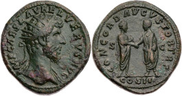 RÖMISCHE KAISERZEIT
Lucius Verus, 161-169 n. Chr. AE-Dupondius 161 n. Chr. Rom Vs.: IMP CAES L AVREL VERVS AVG, Kopf mit drapierter linker Schulter u...
