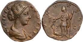 RÖMISCHE KAISERZEIT
Lucilla, Gemahlin des Lucius Verus, 161-169 n. Chr. AE-As 164 n. Chr. Rom Vs.: LVCILLA AVGVSTA, drapierte Büste n. r., Rs.: IVNO ...