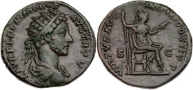 RÖMISCHE KAISERZEIT
Commodus, 177-192 n. Chr. AE-Dupondius 180 n. Chr. Rom Vs.: L AVREL COMMODVS AVG TR P V, gepanzerte und drapierte Büste mit Strah...