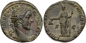 RÖMISCHE KAISERZEIT
Commodus, 177-192 n. Chr. AE-Dupondius 181 n. Chr. Rom Vs.: [M] COMMODVS AN-TONINVS AVG, Kopf mit Strahlenkrone n. r., Rs.: LIBER...