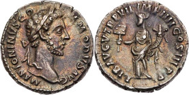 RÖMISCHE KAISERZEIT
Commodus, 177-192 n. Chr. AR-Denar 182 n. Chr. Rom Vs.: M ANTONIVS CO-MMODVS AVG, Kopf mit Lorbeerkranz n. r., Rs.: LIB AVG V TR ...