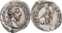 RÖMISCHE KAISERZEIT
Commodus, 177-192 n. Chr. AR-Denar 182 n. Chr. Rom Vs.: M COMMODVS ANTONINVS AVG, Kopf mit Lorbeerkranz n. r., Rs.: TR P VII IMP ...